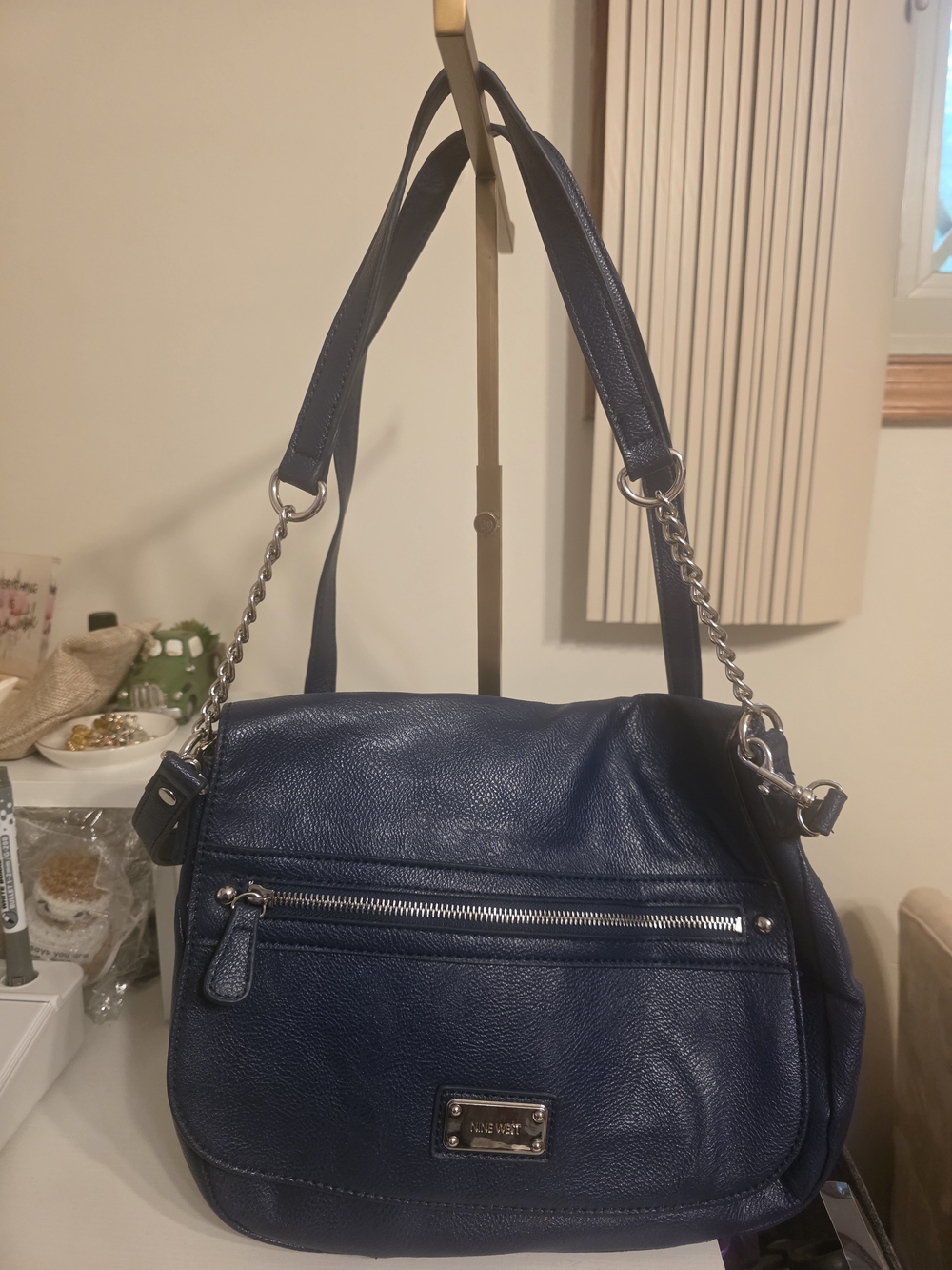 Nine West Navy Vegan Leather Shoulder Bag - Classic Women's Handbag